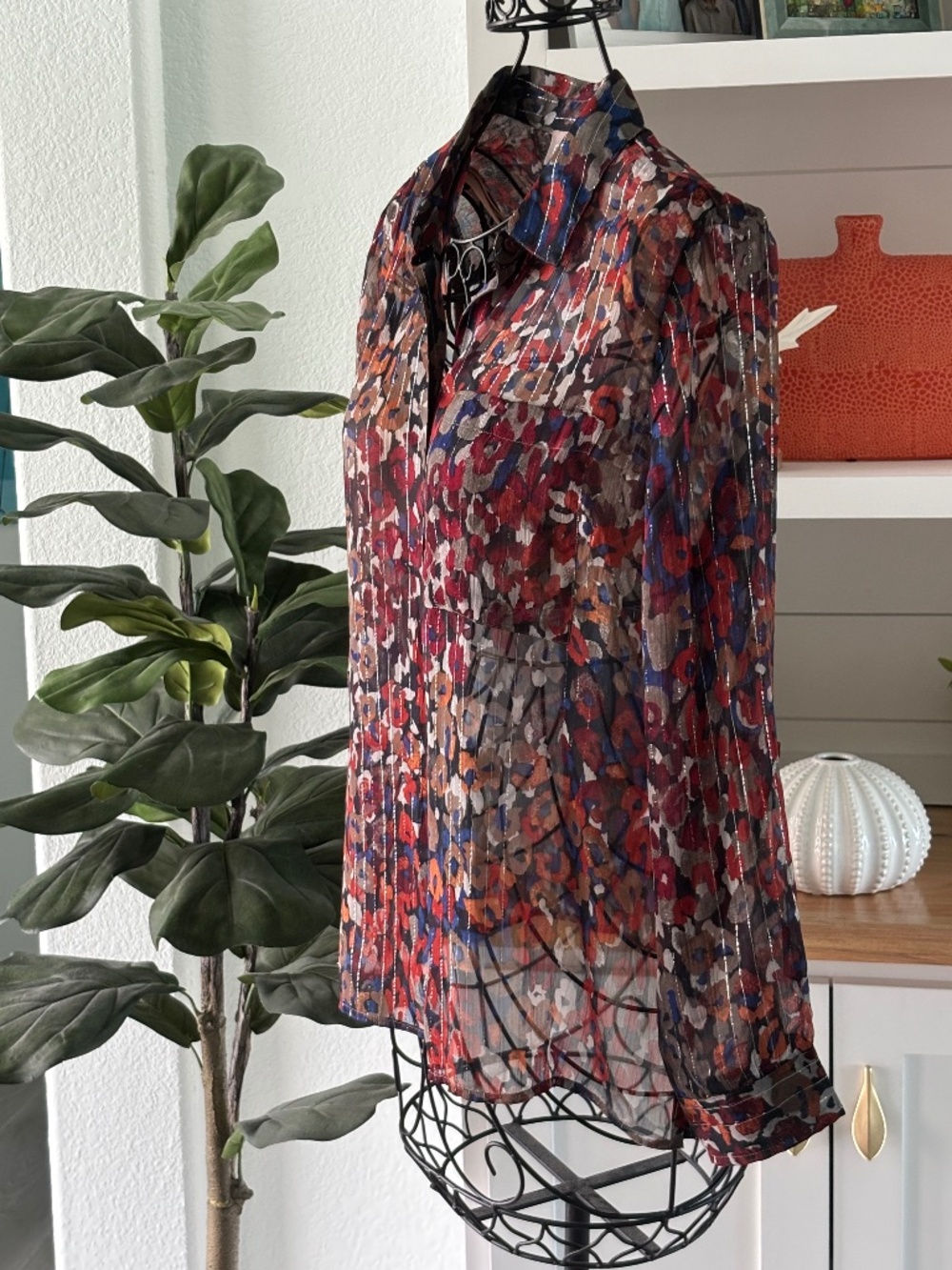 NWT Chicos Animal Print Sheer Button Down Blouse Sz M